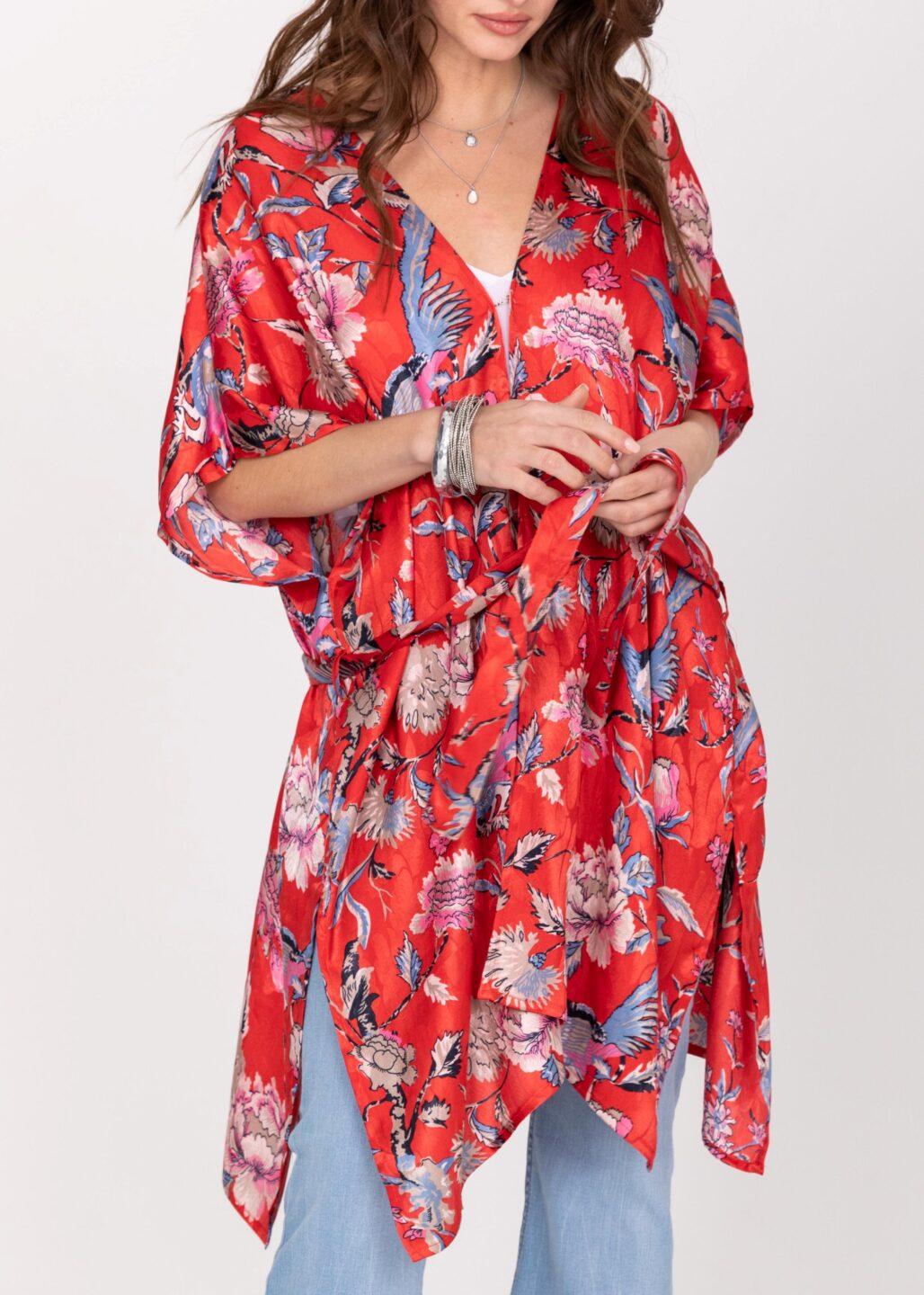Satin Kimono Cover Up with Belt in Red Birds of Paradise Print - likemary