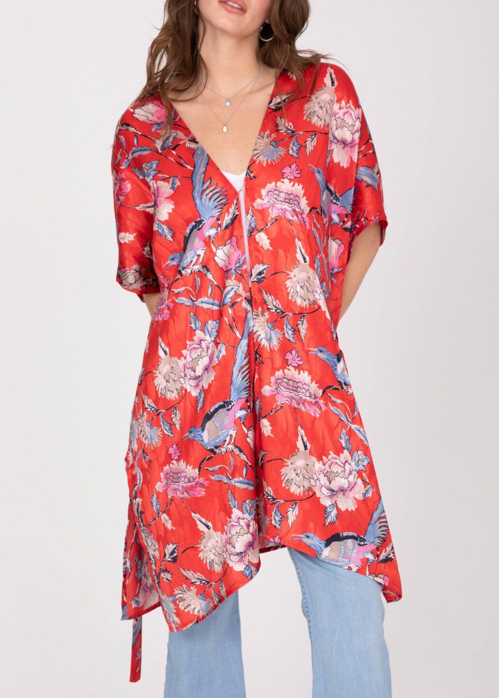 Satin Kimono Cover Up with Belt in Red Birds of Paradise Print - likemary