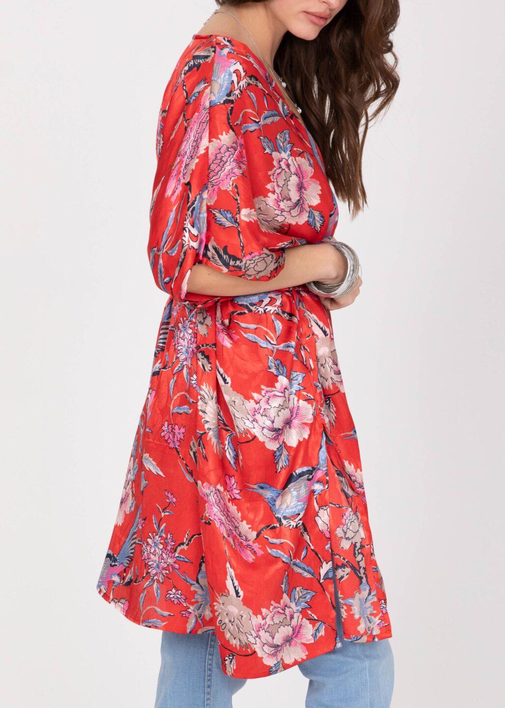 Satin Kimono Cover Up with Belt in Red Birds of Paradise Print - likemary
