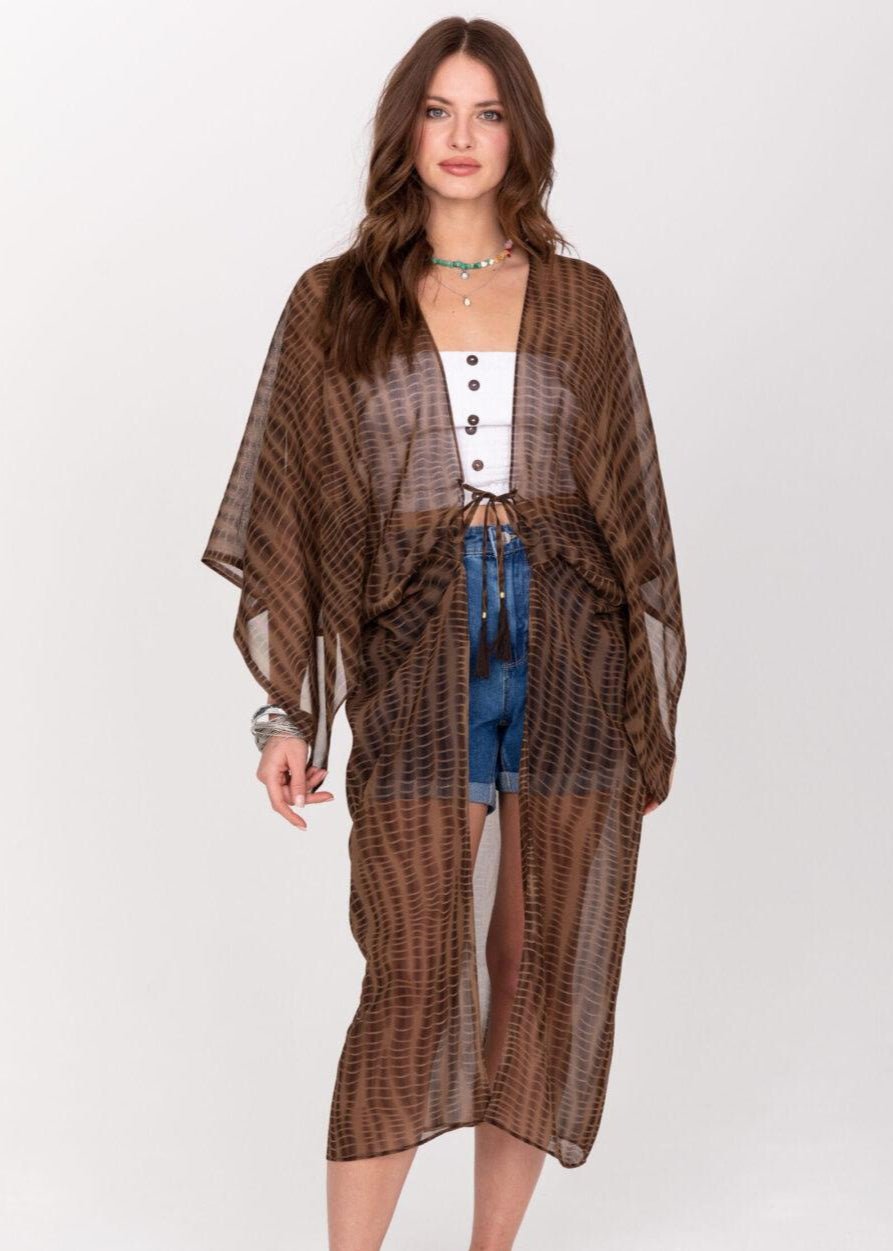 Semi - Sheer Long Kimono in Brown Bone Tie Dye Print - likemary