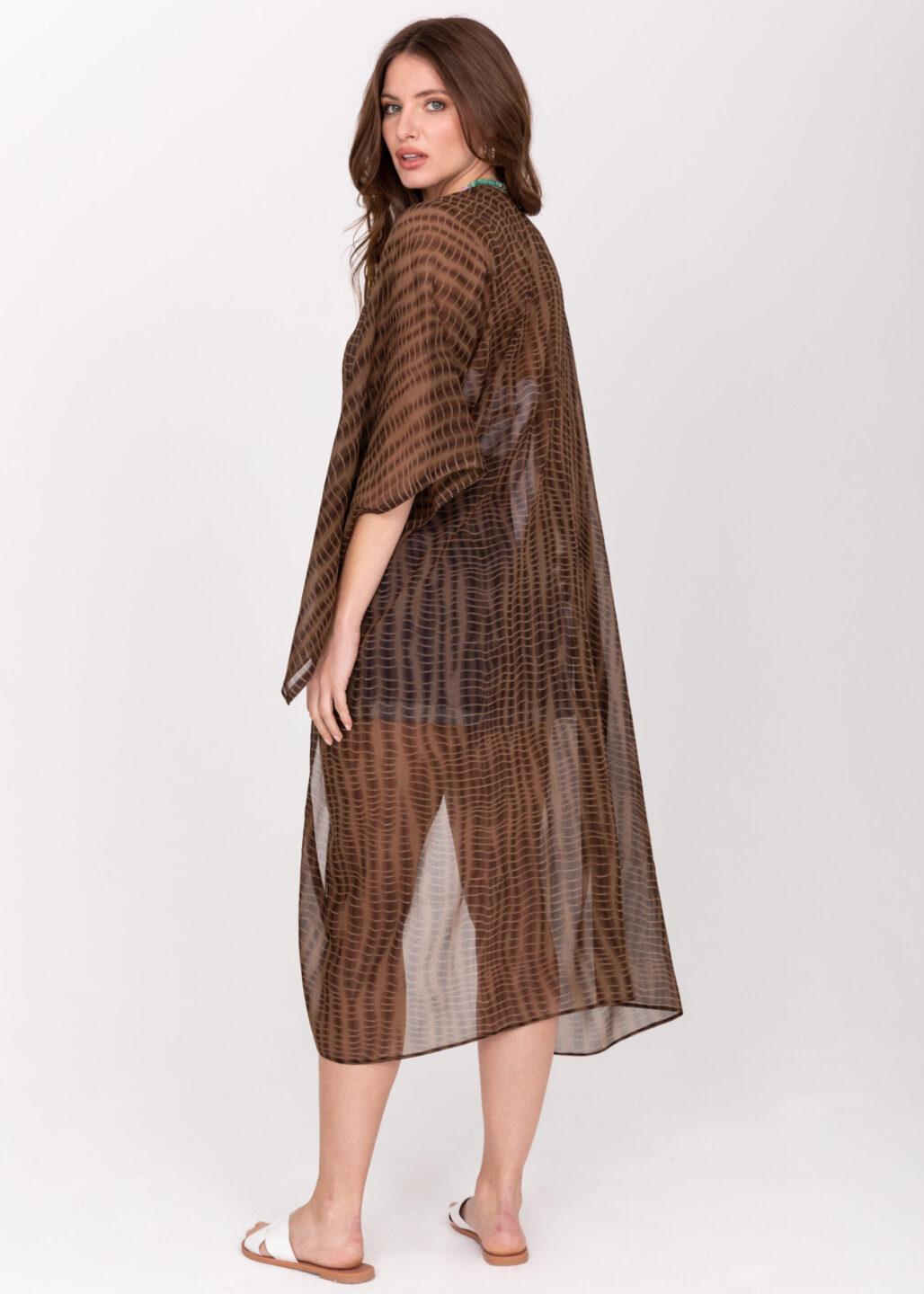 Semi - Sheer Long Kimono in Brown Bone Tie Dye Print - likemary