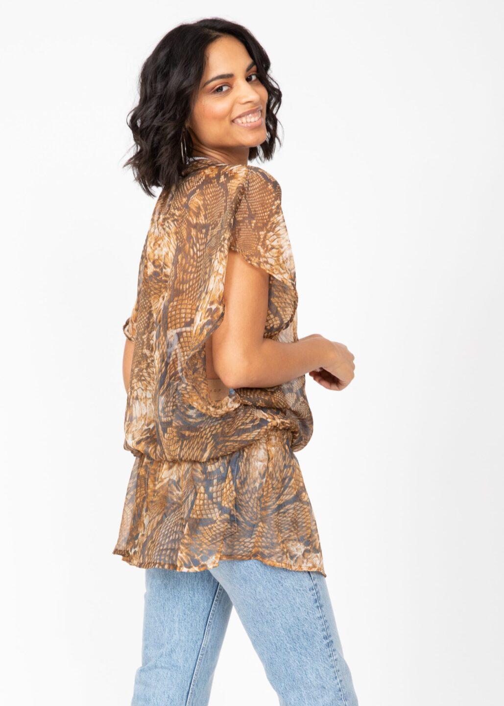 Sheer Ibiza Kaftan Top in Snake Print with Sequins - likemary