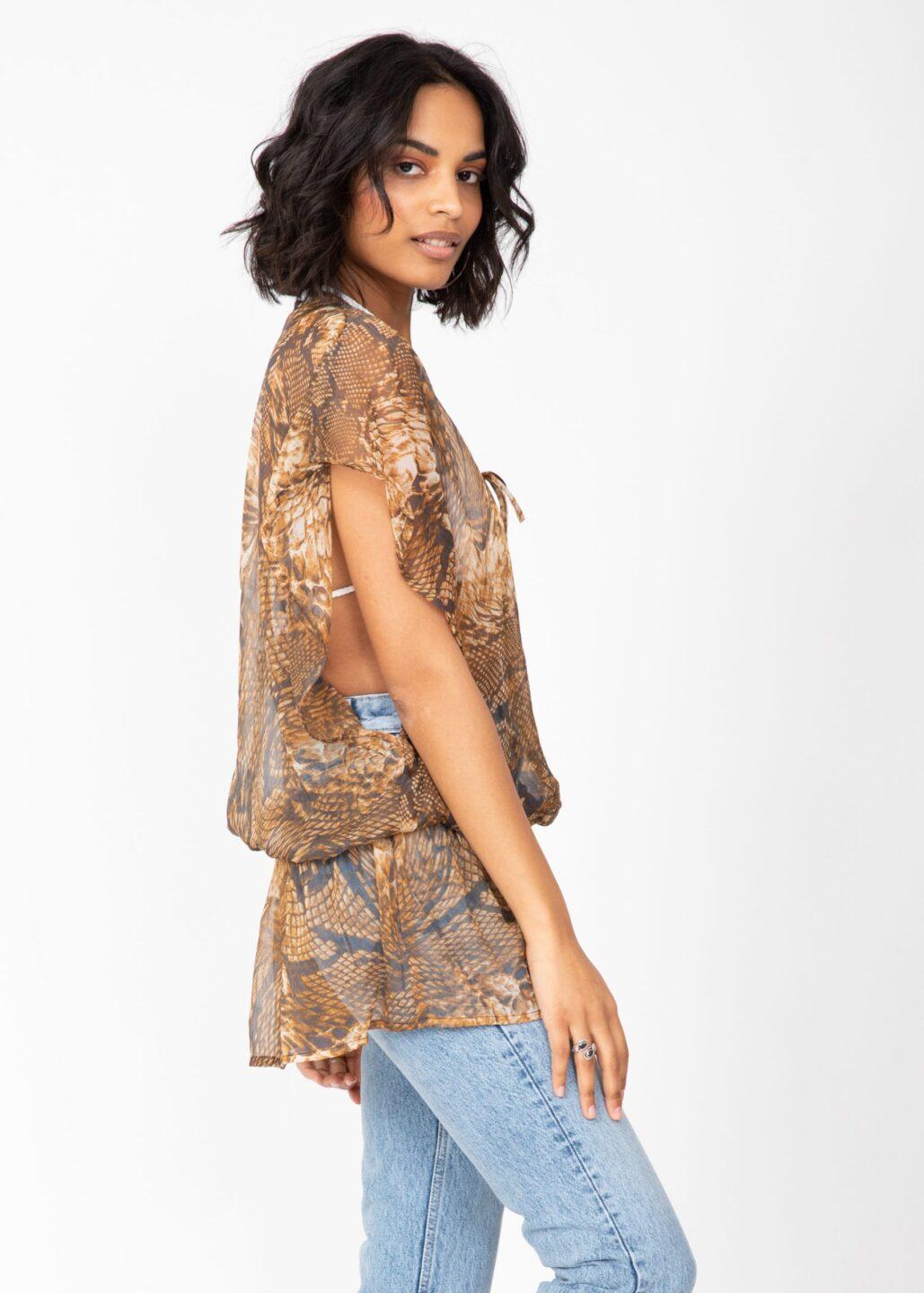 Sheer Ibiza Kaftan Top in Snake Print with Sequins - likemary
