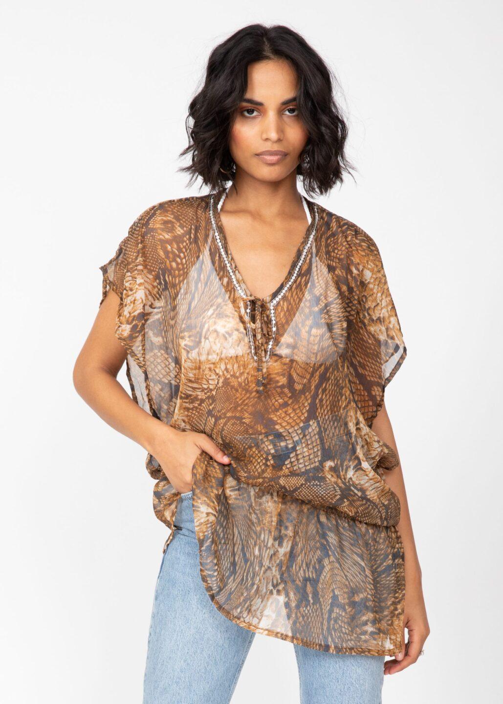 Sheer Ibiza Kaftan Top in Snake Print with Sequins - likemary