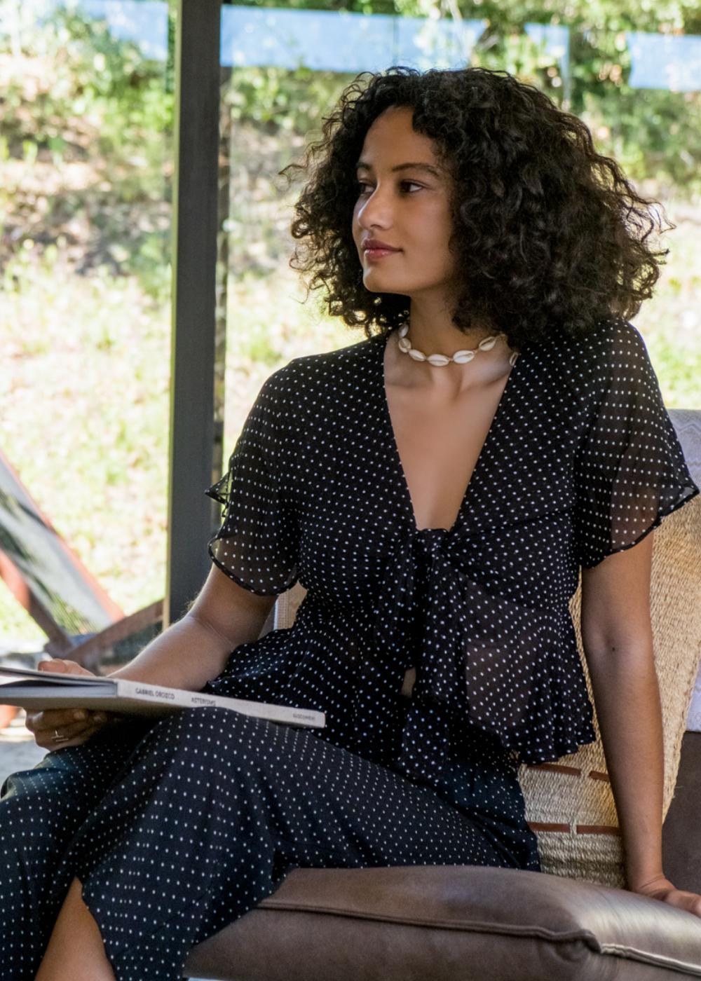 Short Butterfly Sleeve Floaty Top In Black Polka Dot - likemary