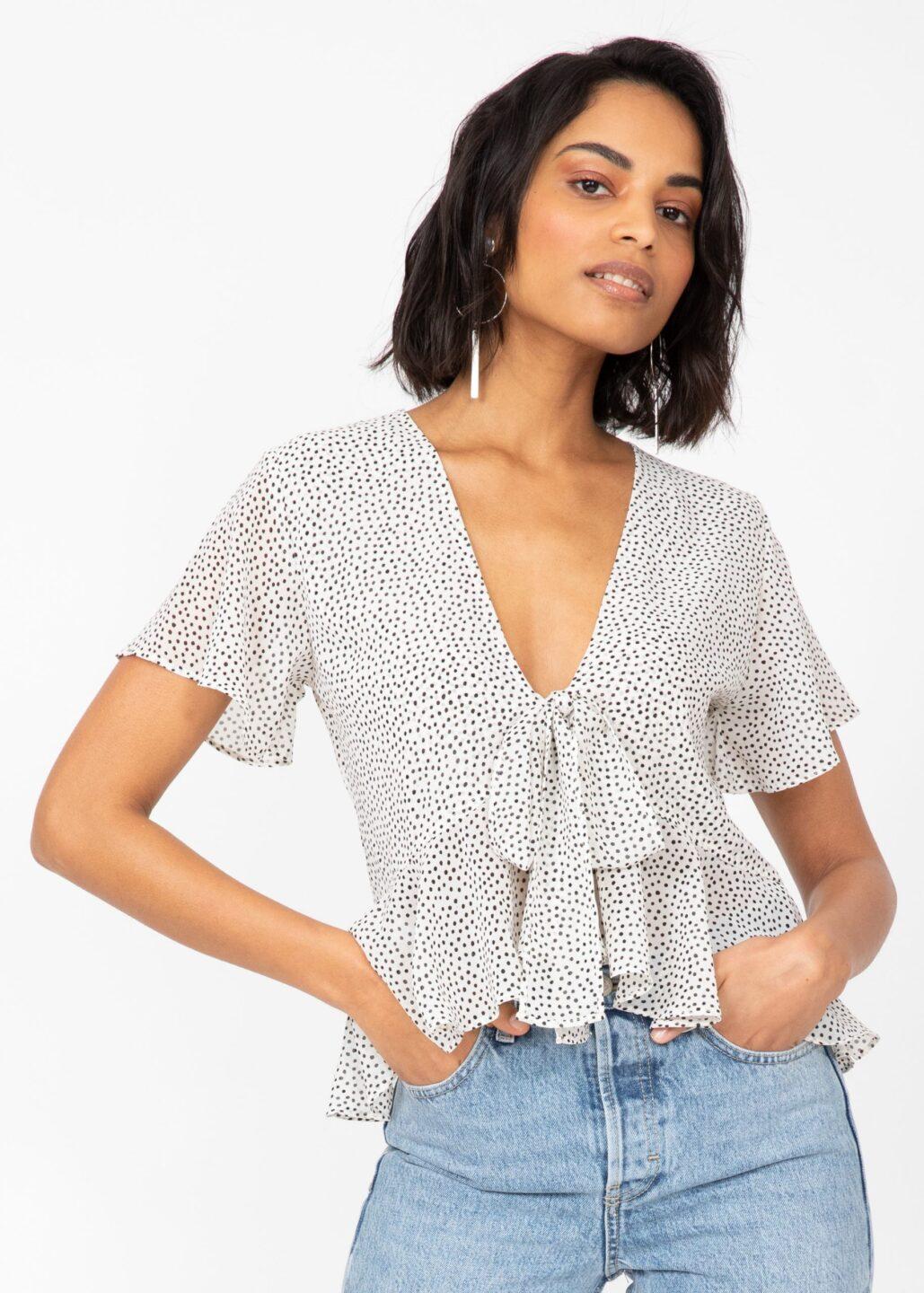 Short Butterfly Sleeve Floaty Top In White Polka Dot - likemary