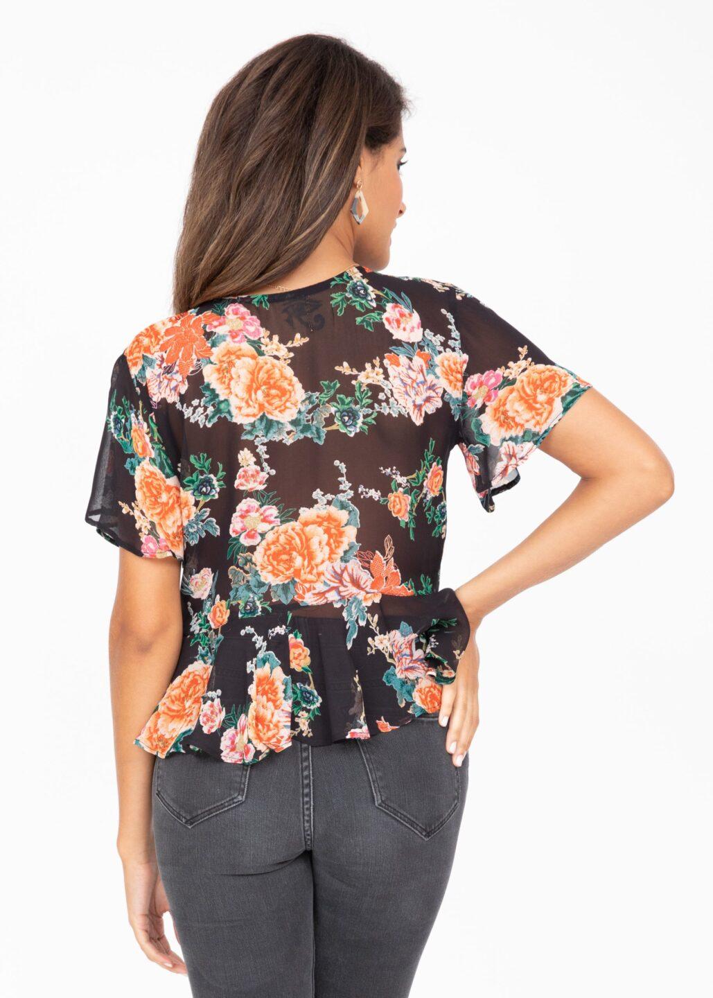 Short Butterfly Sleeve Top in Floral Print - likemary