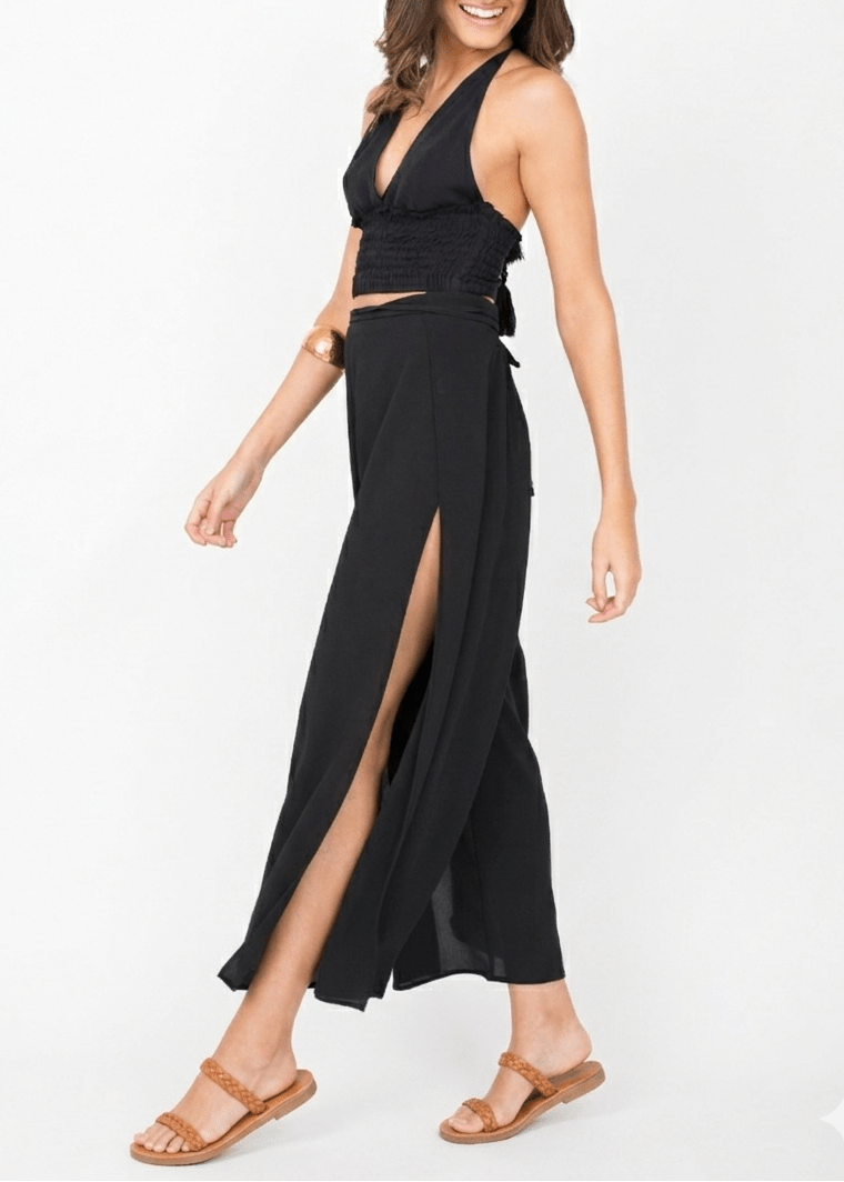 Side Split Holiday Trousers Wide Leg Black - likemary