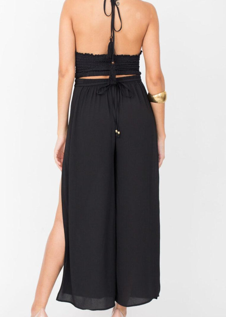 Side Split Holiday Trousers Wide Leg Black - likemary