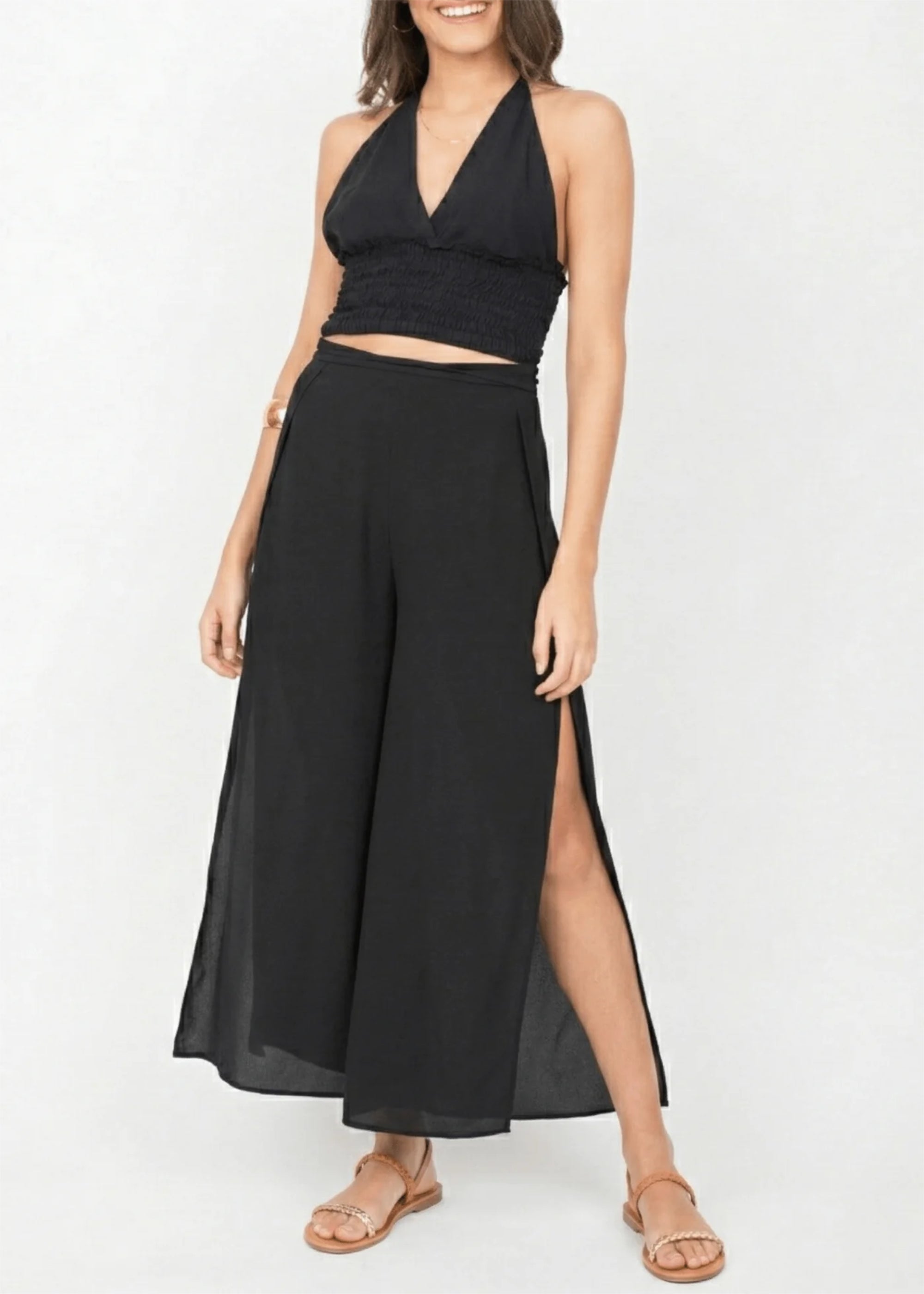 Side Split Holiday Trousers Wide Leg Black