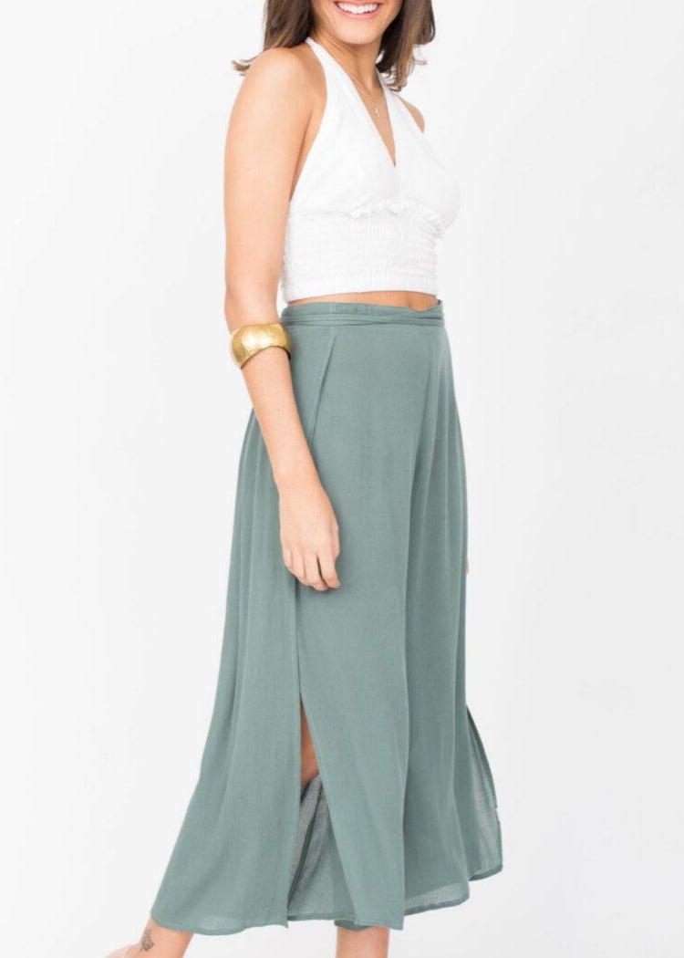 Side Split Holiday Trousers Wide Leg Verona Green - likemary