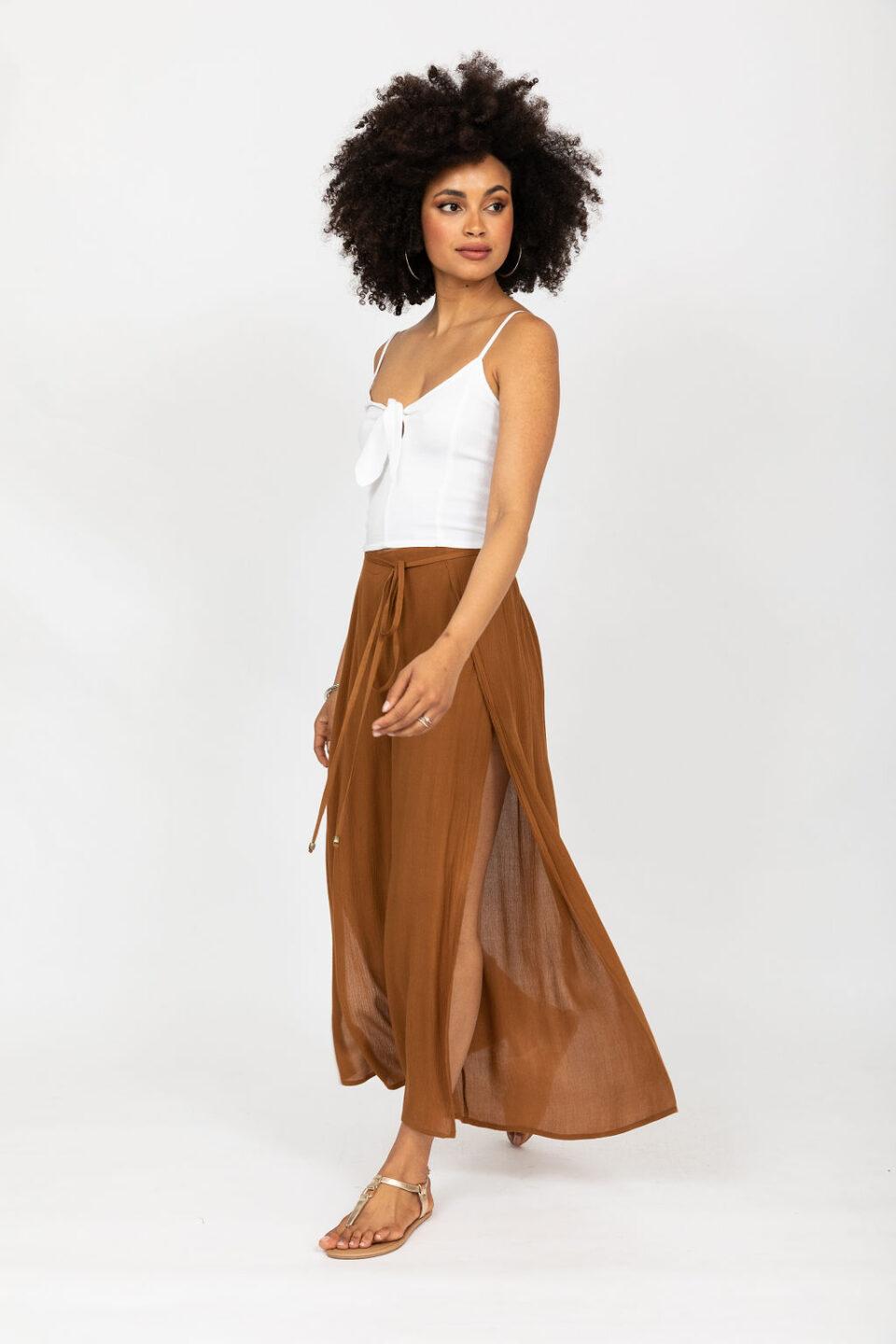 Side Split Wide Leg Relaxed Trousers in Caramel - likemary