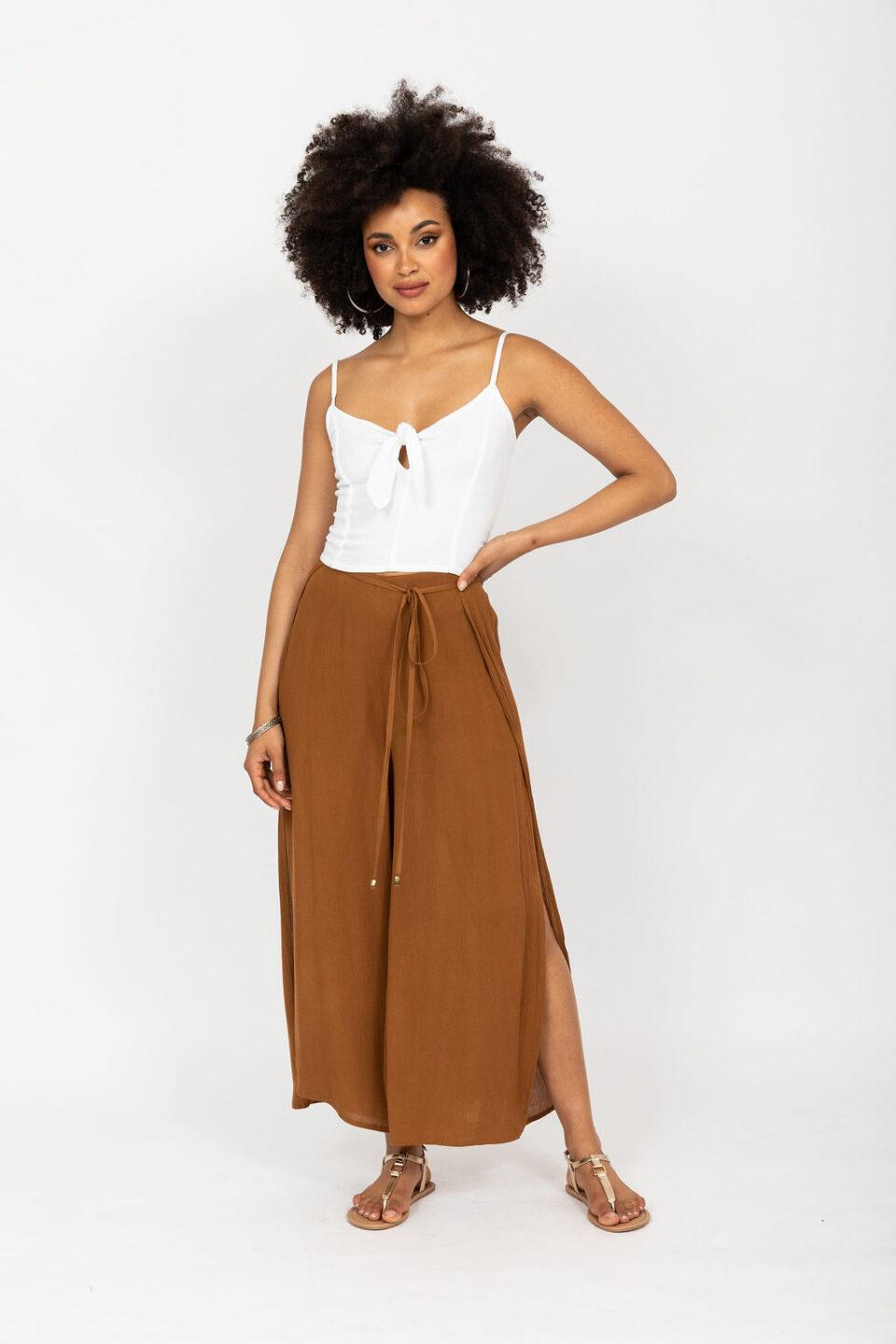 Side Split Wide Leg Relaxed Trousers in Caramel - likemary