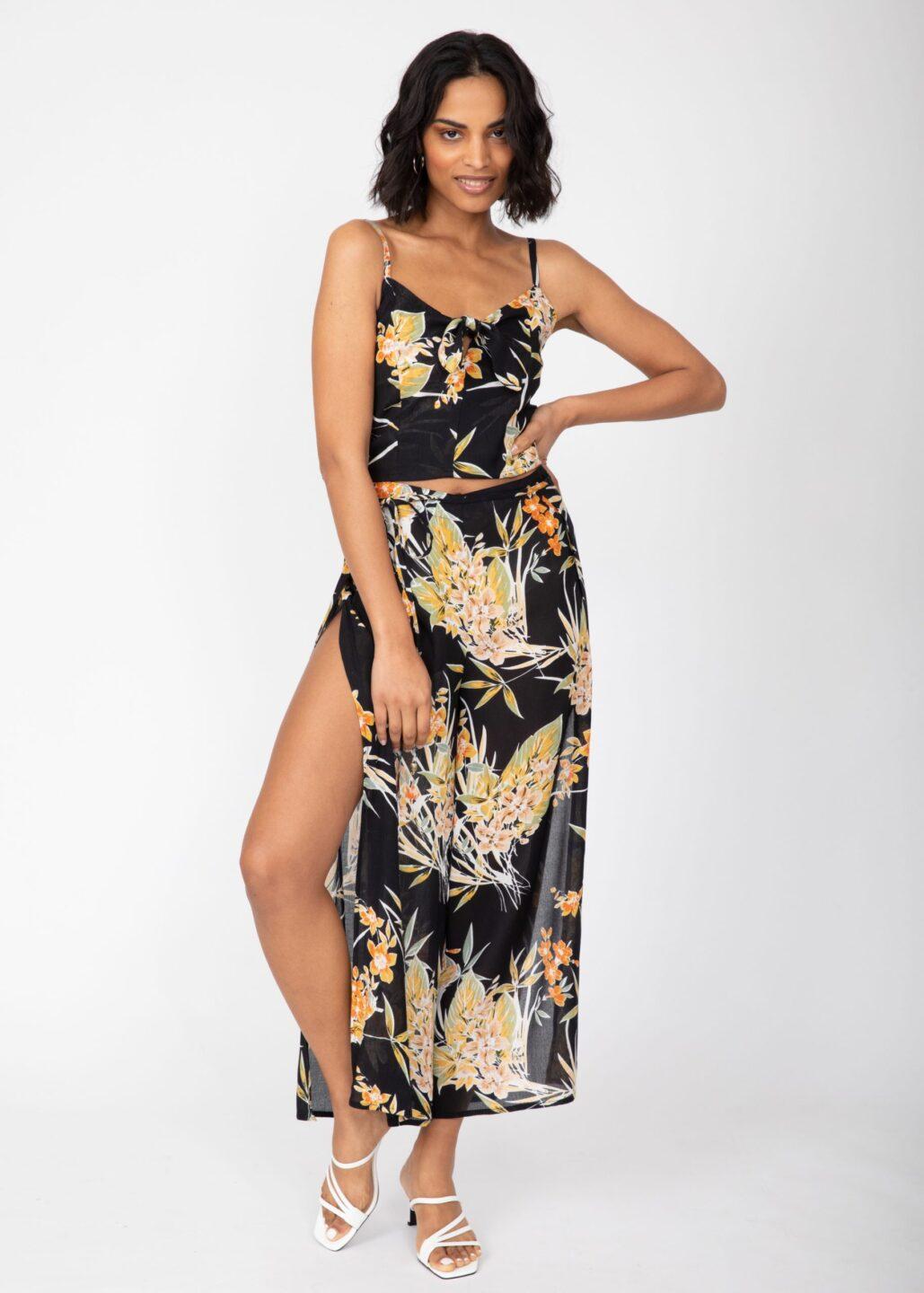 Side Split Wide Leg Relaxed Trousers in Floral Print - likemary