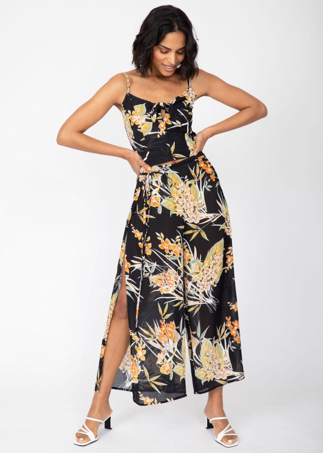 Side Split Wide Leg Relaxed Trousers in Floral Print - likemary