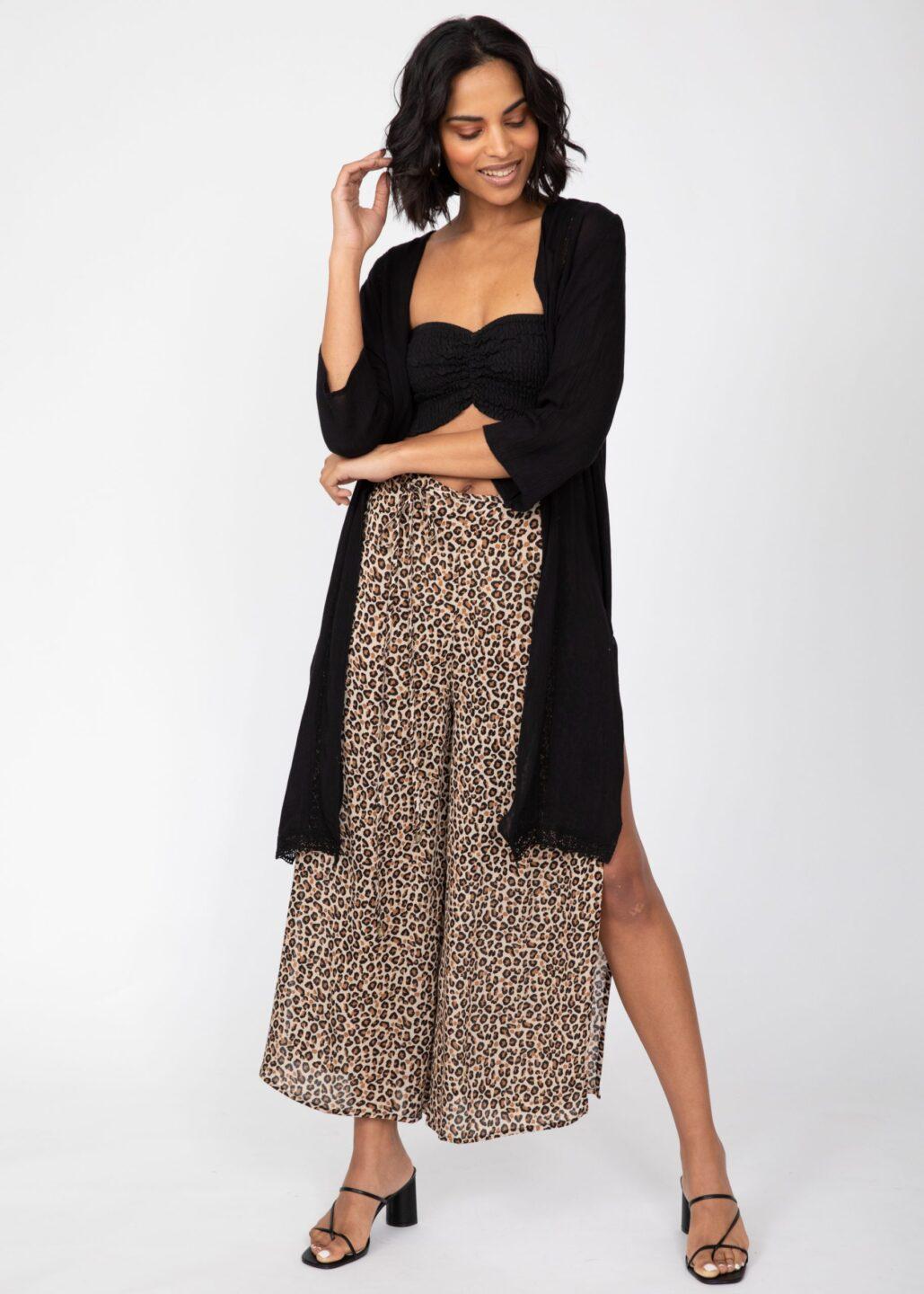 Side Split Wide Leg Relaxed Trousers in Leopard Print - likemary