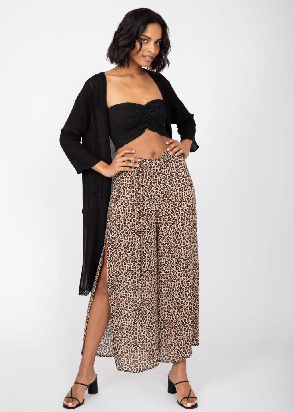 Side Split Wide Leg Relaxed Trousers in Leopard Print - likemary
