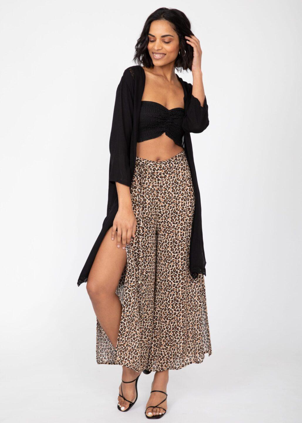 Side Split Wide Leg Relaxed Trousers in Leopard Print - likemary