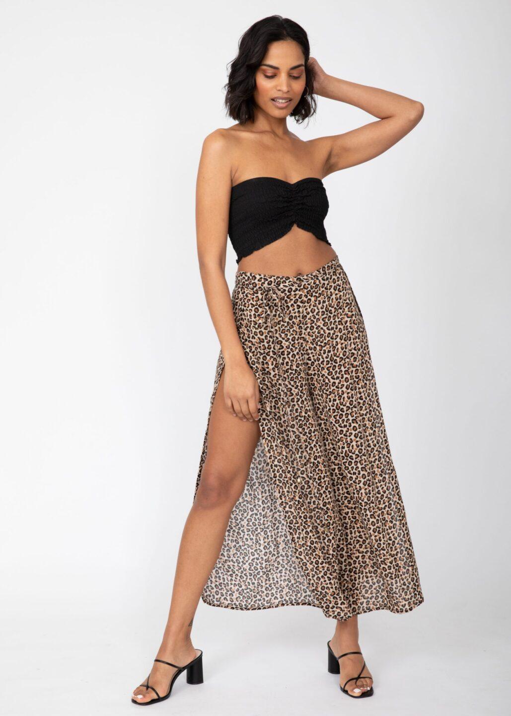 Side Split Wide Leg Relaxed Trousers in Leopard Print - likemary
