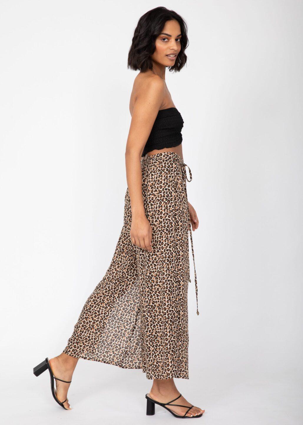 Side Split Wide Leg Relaxed Trousers in Leopard Print - likemary