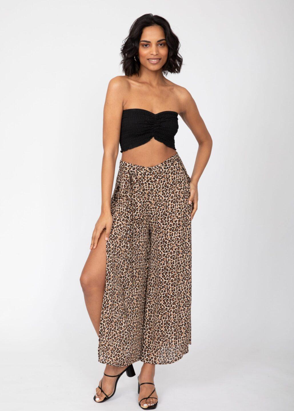 Side Split Wide Leg Relaxed Trousers in Leopard Print - likemary