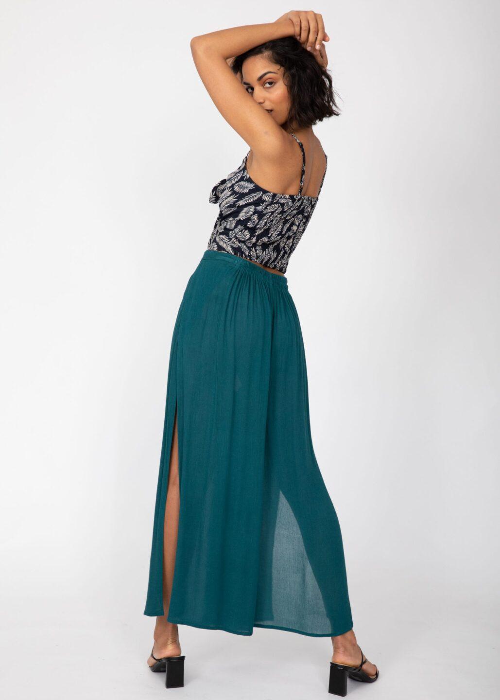 Side Split Wide Leg Relaxed Trousers in Teal - likemary