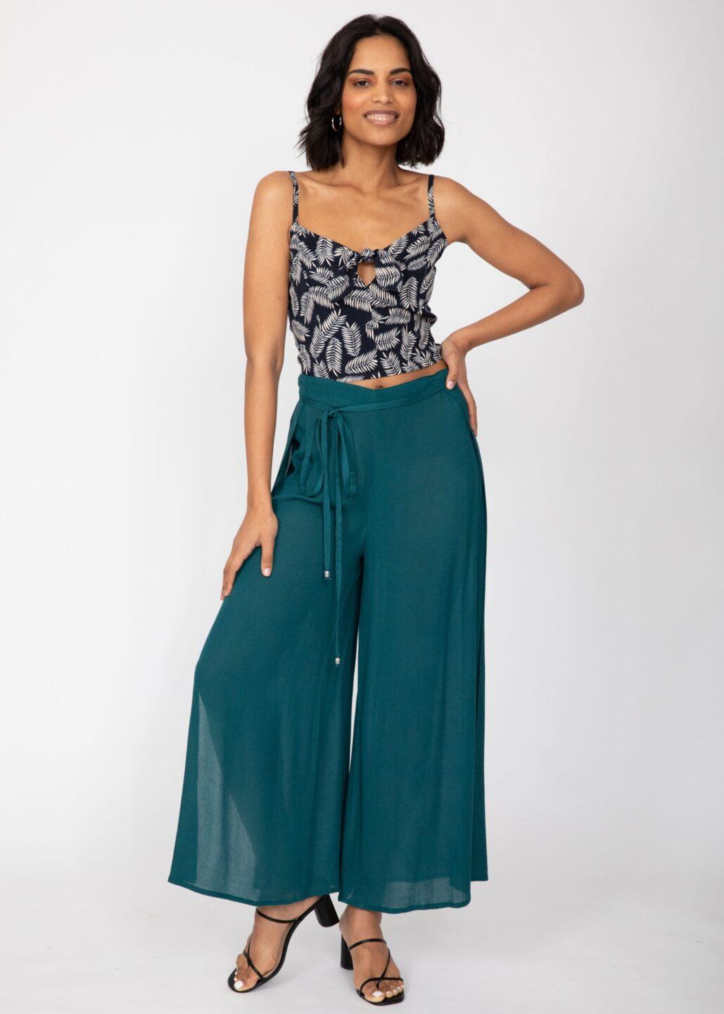Side Split Wide Leg Relaxed Trousers in Teal - likemary