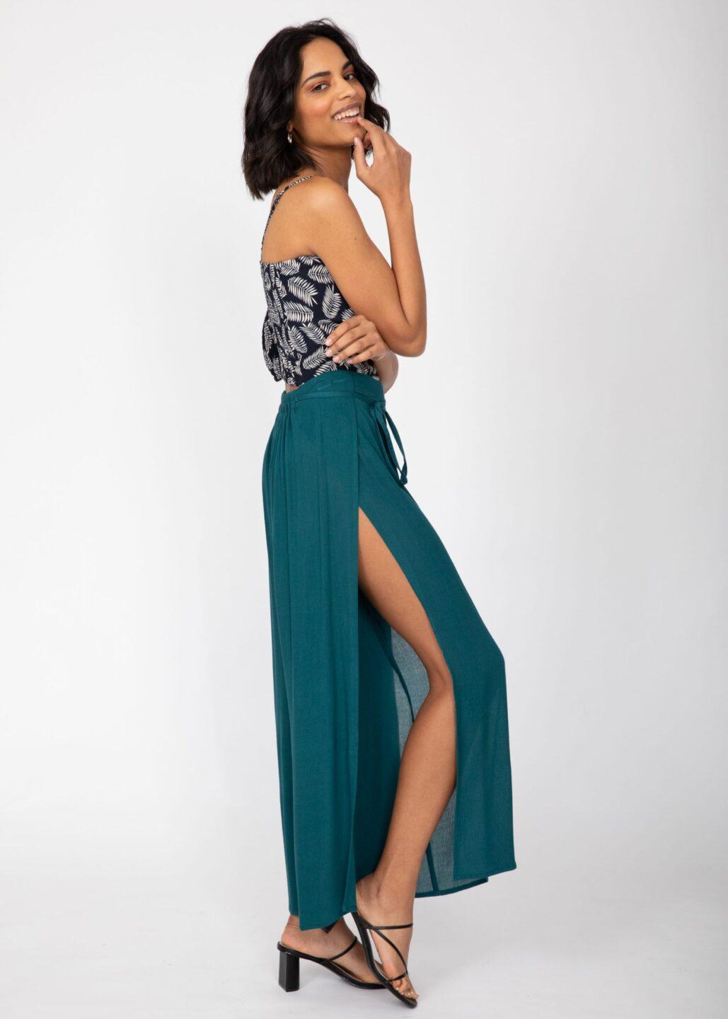 Side Split Wide Leg Relaxed Trousers in Teal - likemary