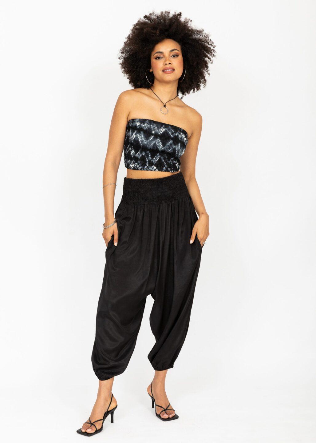 Silk Look Convertible Harem Trouser and Capri Jumpsuit Black - likemary