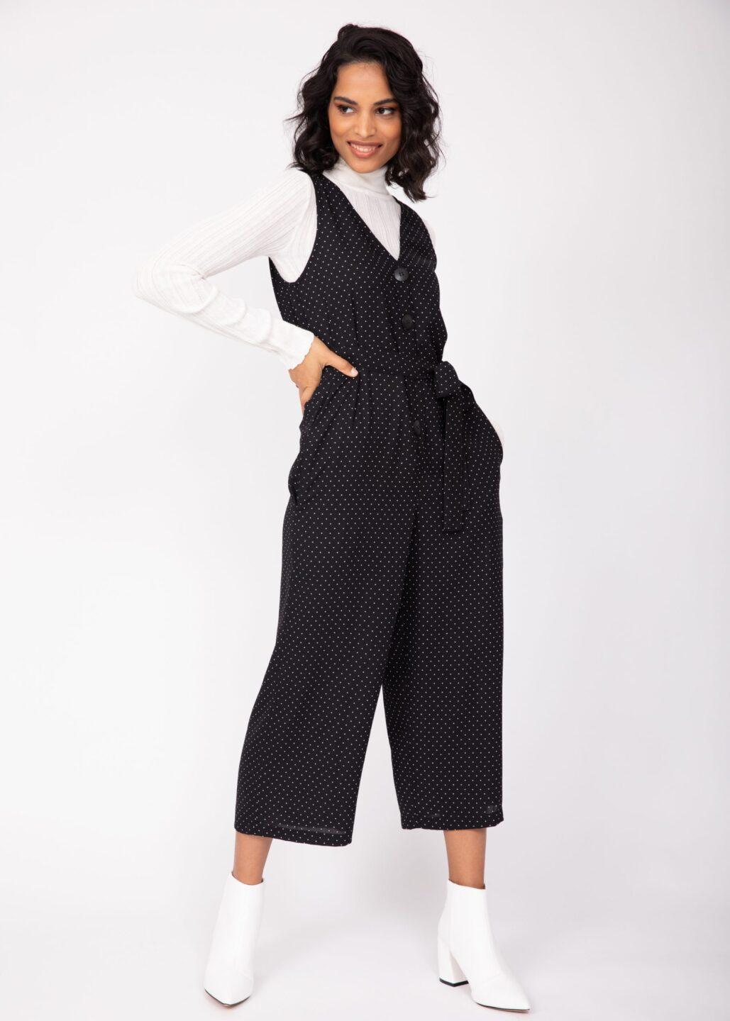 Sleeveless Jumpsuit Cropped Relaxed Romper Black Polka Dots - likemary