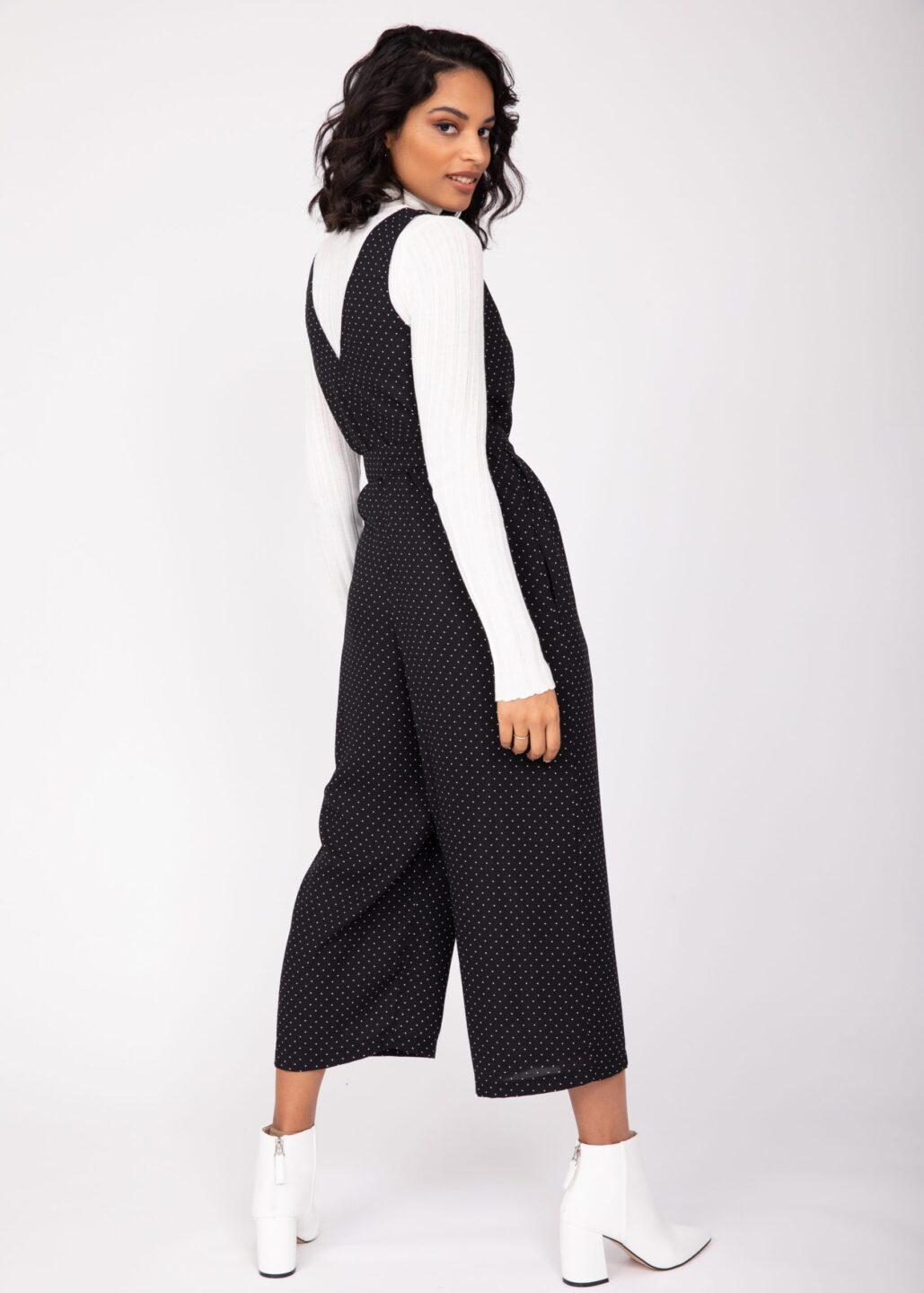 Sleeveless Jumpsuit Cropped Relaxed Romper Black Polka Dots - likemary