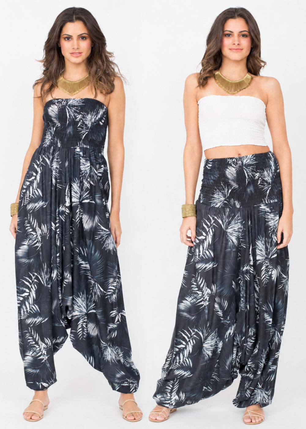 Convertible Cotton Harem Jumpsuit & Harem Pants Black Leaves Print