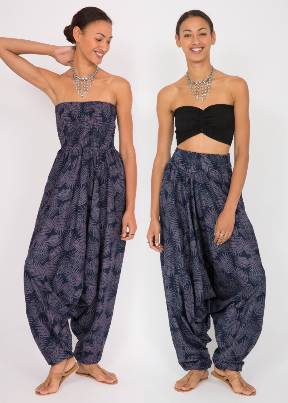Convertible Cotton Harem Jumpsuit & Harem Pants Blue Leaves Print