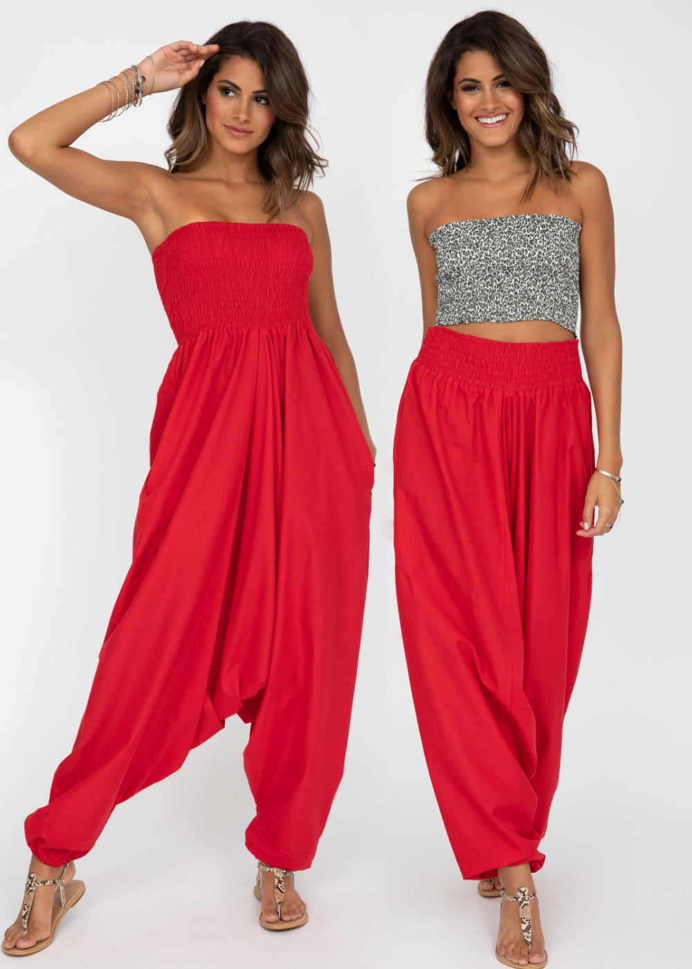 Red Convertible Cotton Harem Jumpsuit & Harem Pants - 2-in-1