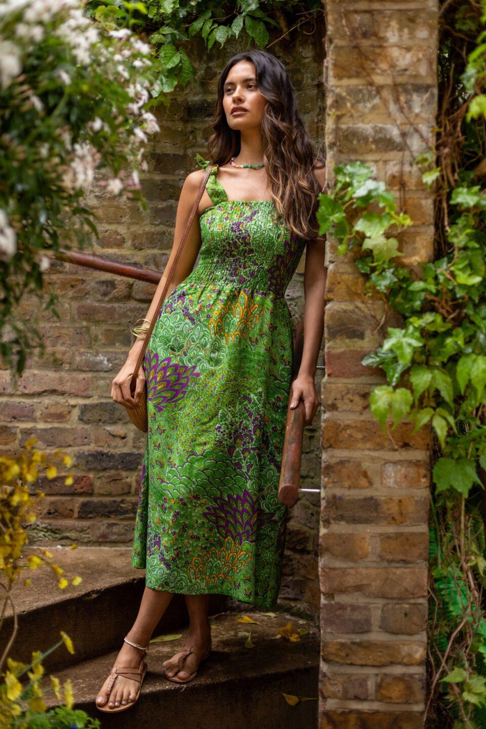 Strapless Midi Dress in Green Peacock Print - likemary