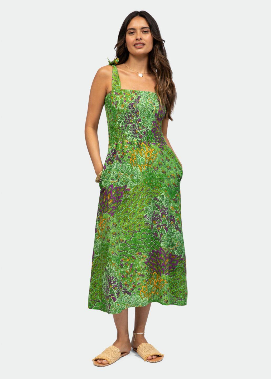 Strapless Midi Dress in Green Peacock Print - likemary