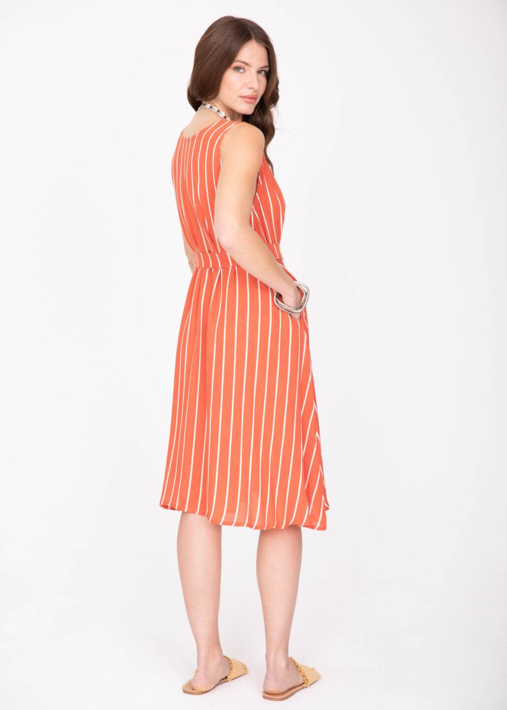 Swing Dress with Pockets & Belt in Orange Stripes - likemary