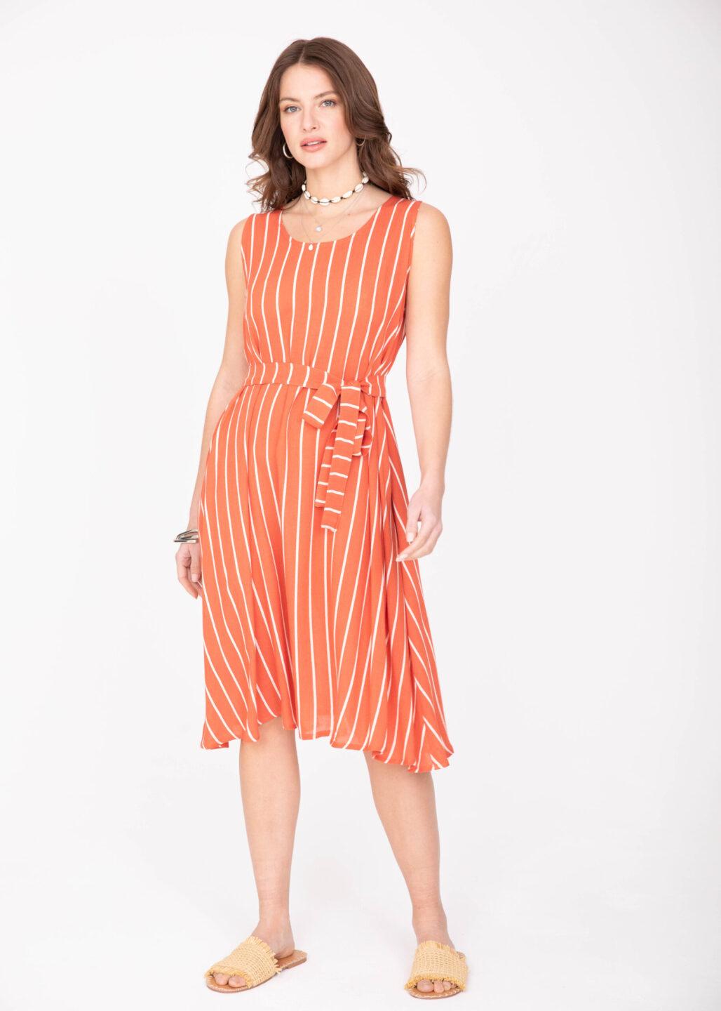 Swing Dress with Pockets & Belt in Orange Stripes - likemary
