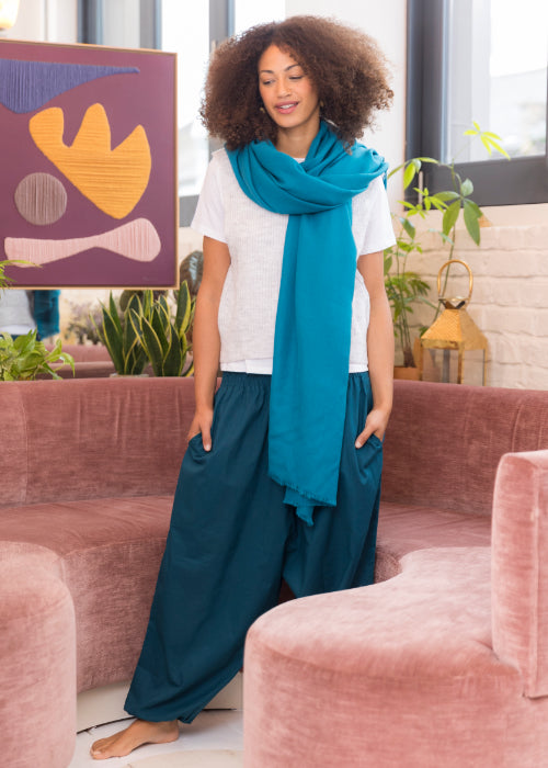teal harem pants outfit with wool scarf for cosy styling
