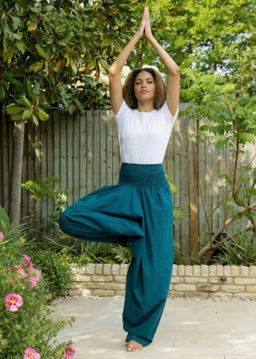 teal harem pants styled for yoga and relaxed everyday wear