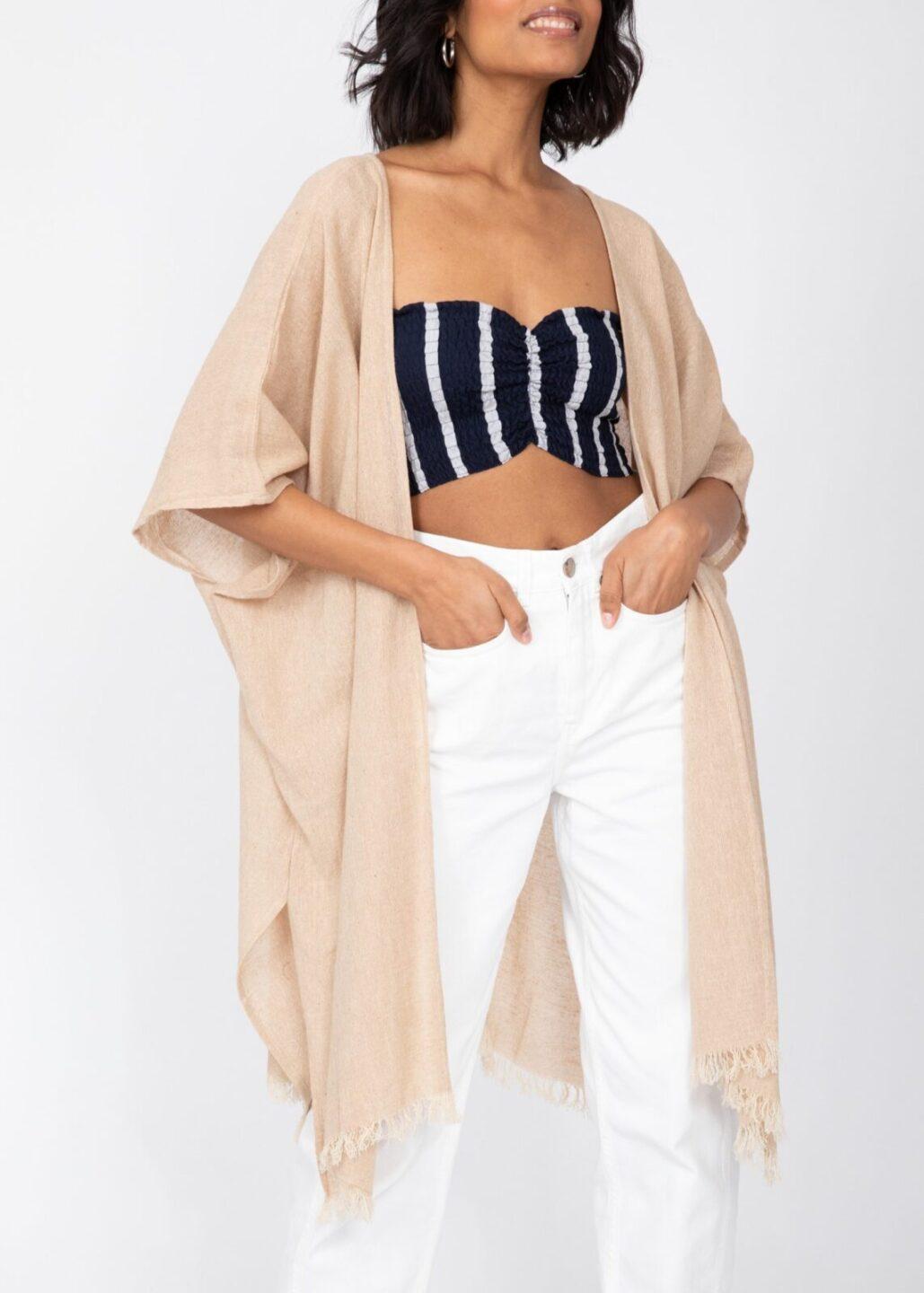 Textured Cotton Kimono Kaftan in Neutral Sand - likemary