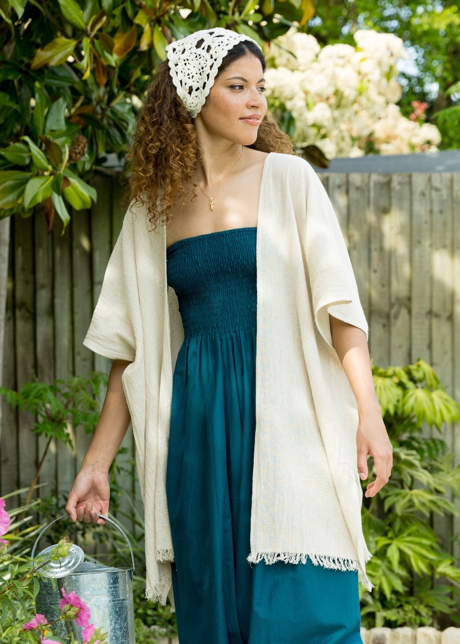 Textured Cotton Kimono Kaftan in Neutral Sand - likemary