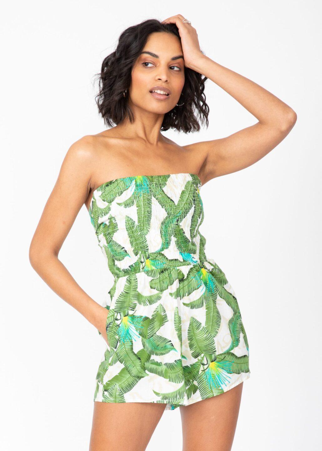 Tie Back Playsuit in Green Tropical Print - likemary