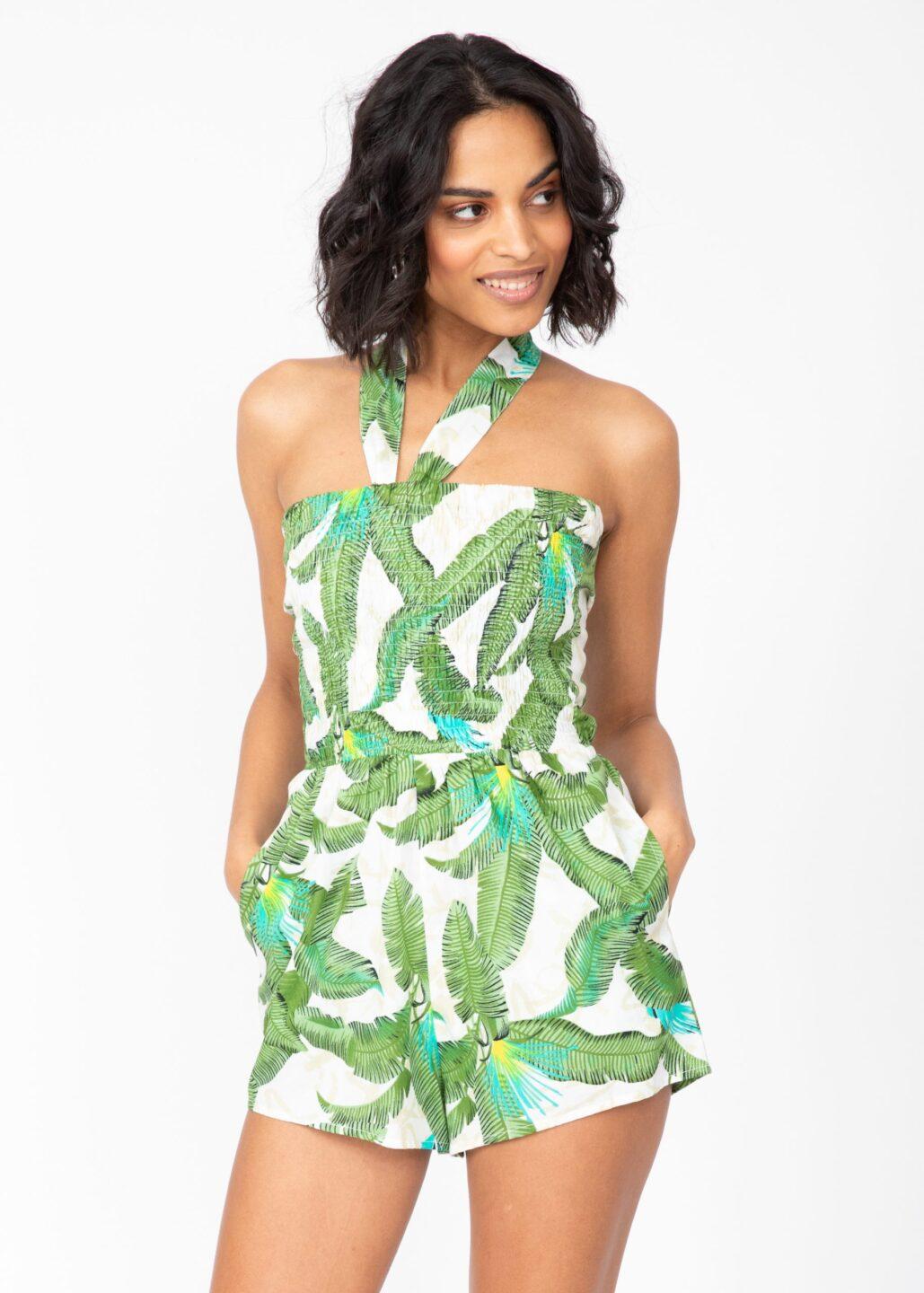 Tie Back Playsuit in Green Tropical Print - likemary