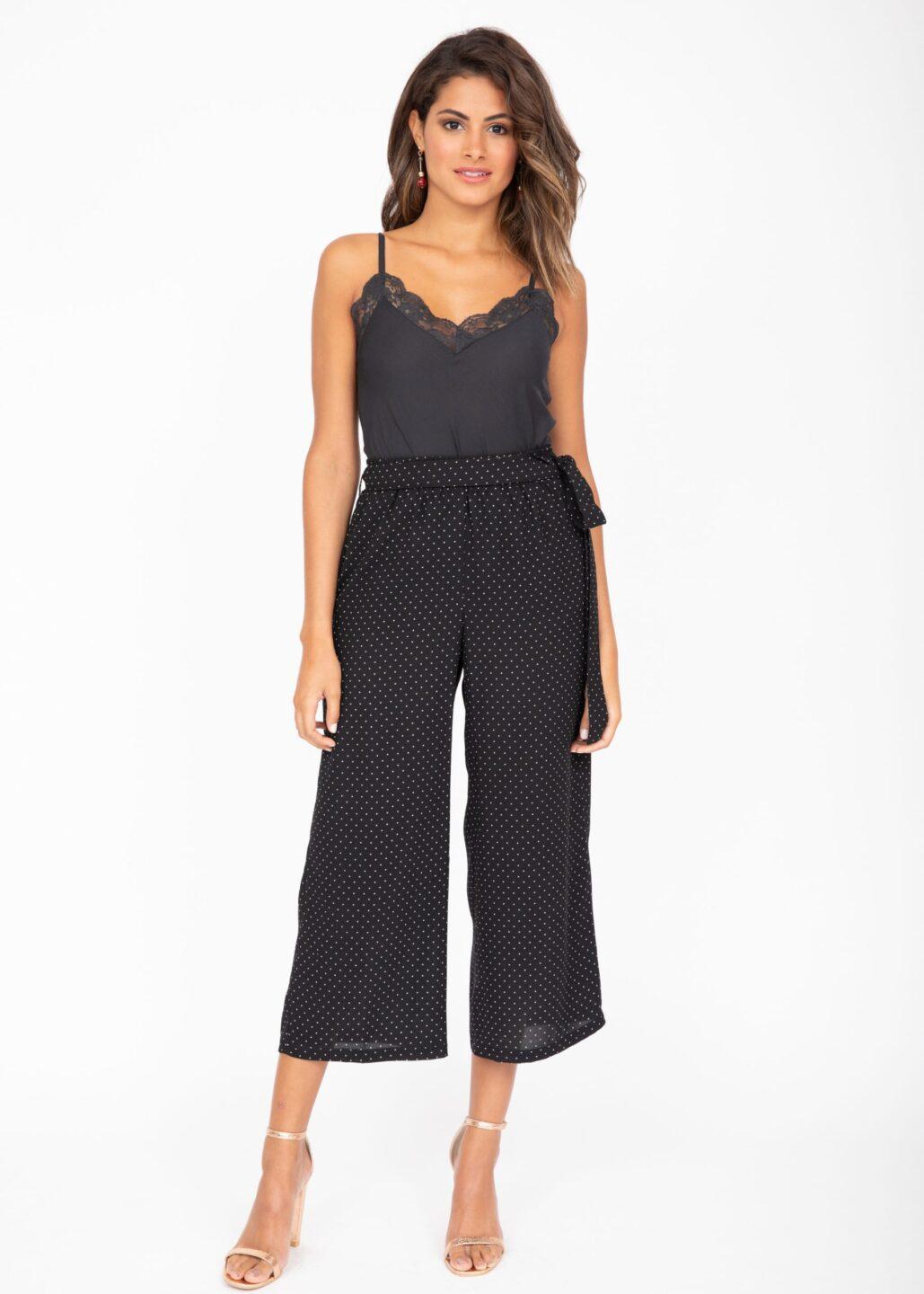 Wide Leg Culottes in Black Polka Dots Print - likemary