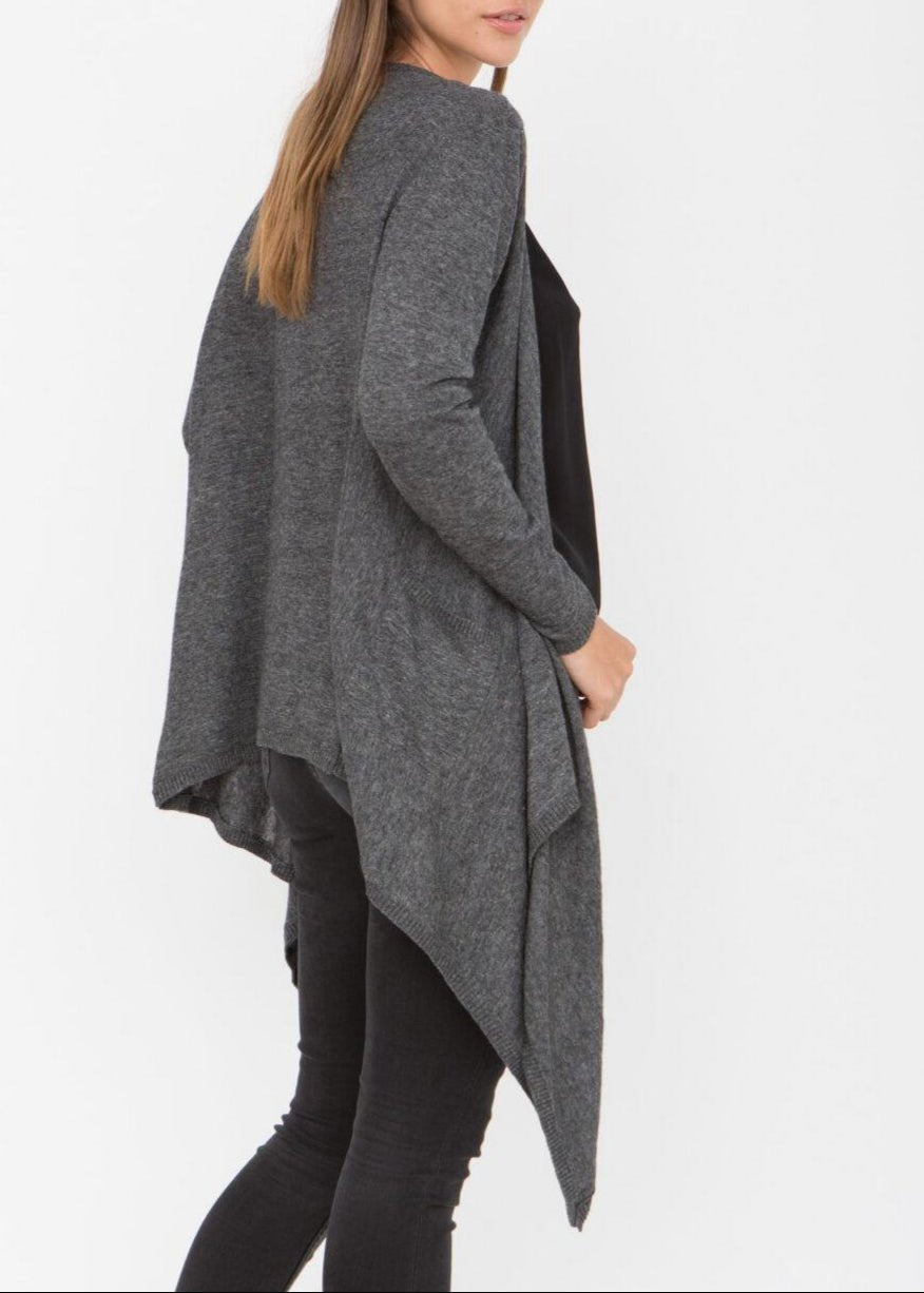 Wool Rich Waterfall Cardigan with Pockets – Charcoal Grey - likemary