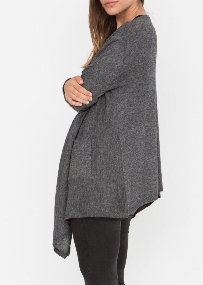 Wool Rich Waterfall Cardigan with Pockets – Charcoal Grey - likemary