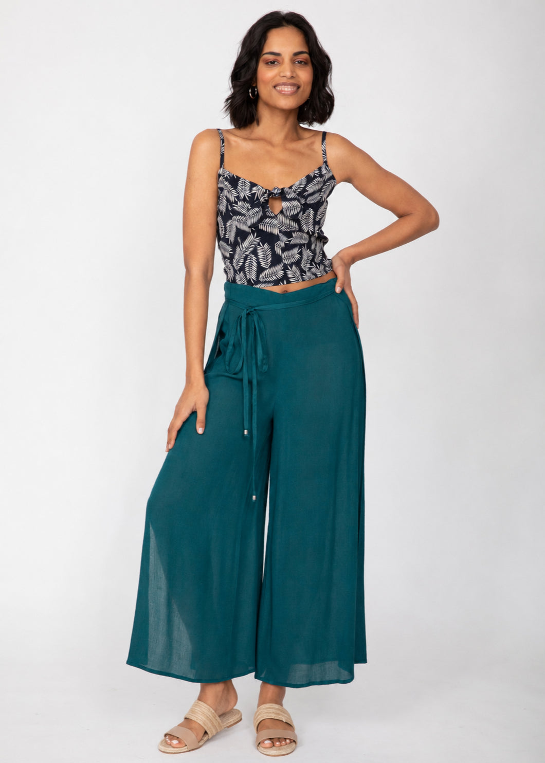 Teal Blue Elastic Waist Wide Leg Summer Trousers