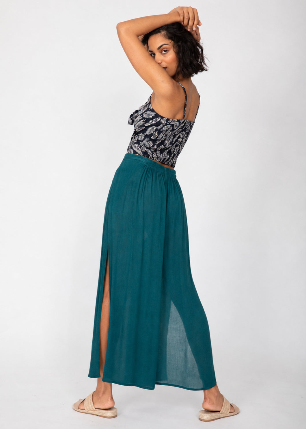 Teal Blue Elastic Waist Wide Leg Summer Trousers