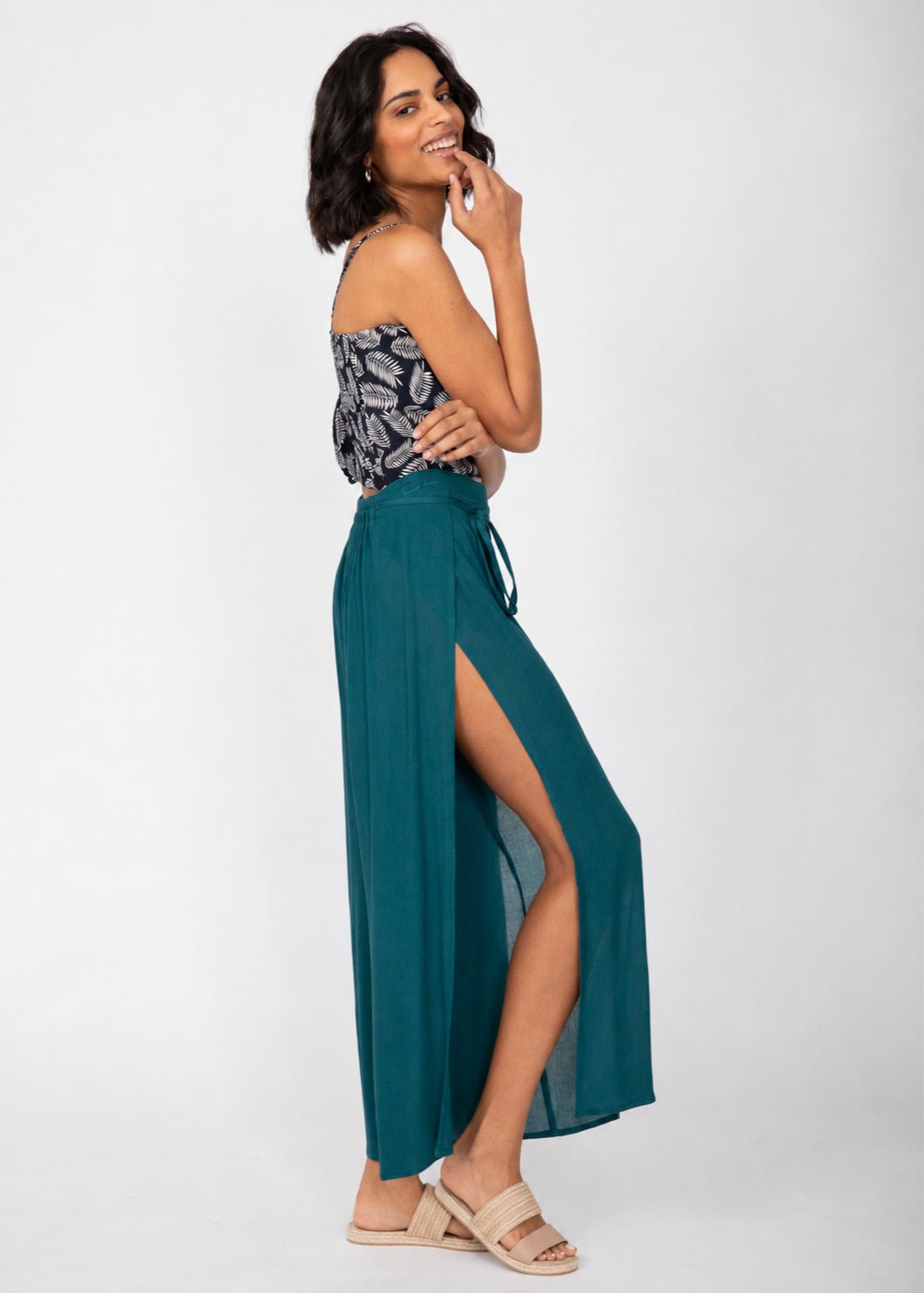 Teal Blue Elastic Waist Wide Leg Summer Trousers – clothing and accessories by likemary